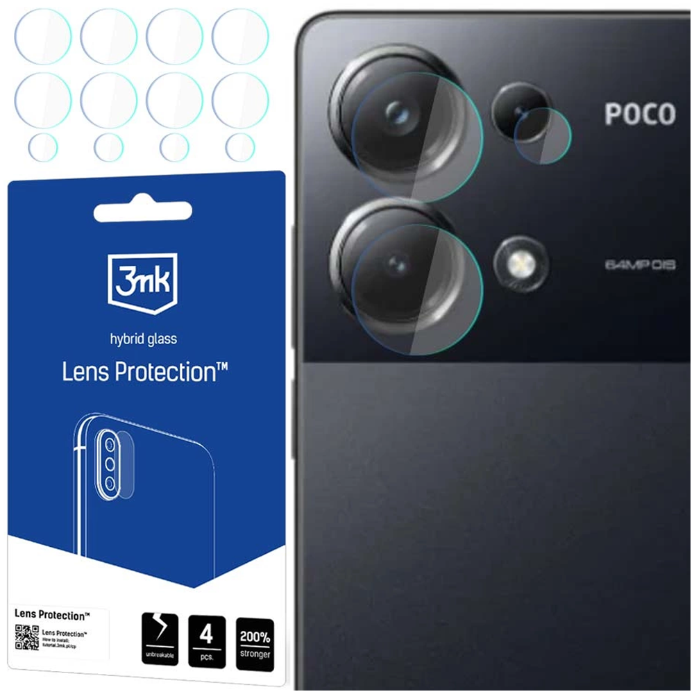 Un telefono e protezioni per lenti. La confezione mostra la protezione per lenti. Il telefono ha un rilievo della fotocamera con protezioni applicate.