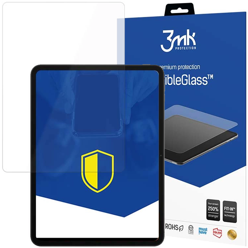 Tablet z ochraniaczem ekranu, pudełko z marką 3mk i widoczne słowa 'ibleGlass'.