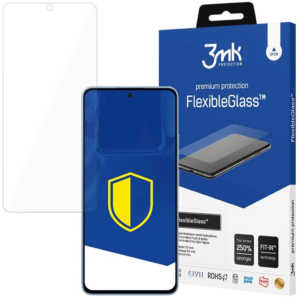Un proteggi schermo, un telefono e una scatola. La scatola dice 'FlexibleGlass' e '3mk Protection'.
