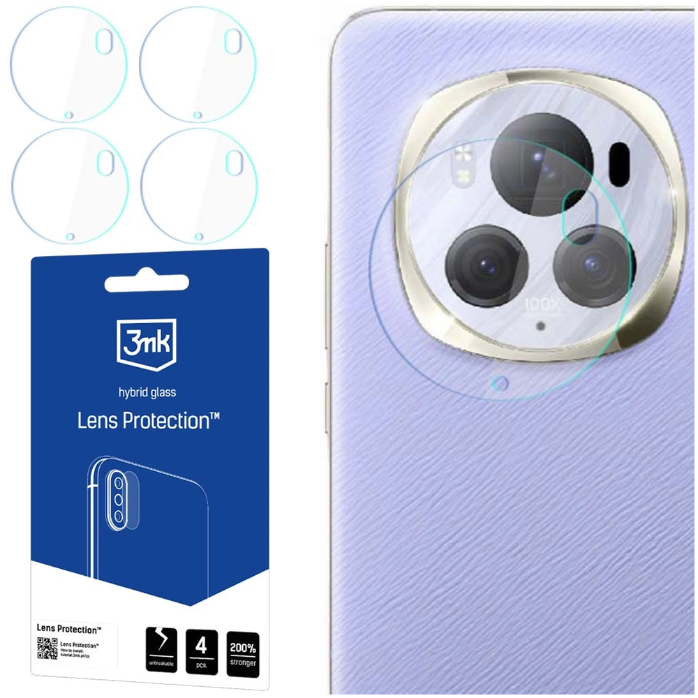 Un telefono con protezione per l'obiettivo della fotocamera. Quattro piccoli proteggi obiettivo a sinistra. Una confezione blu con testo sotto.