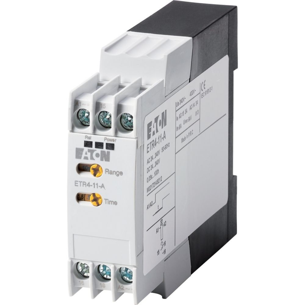 Un modulo relè Eaton ETR4-11-A. È bianco con sezioni nere e grigie. Testo ed etichette visibili sul davanti.