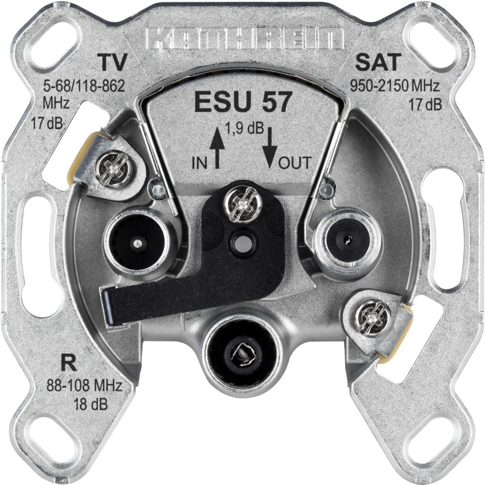 Uno splitter ESU 57 argentato con più porte. Le etichette indicano TV, SAT e R per le frequenze radio. Ha porte IN e OUT.