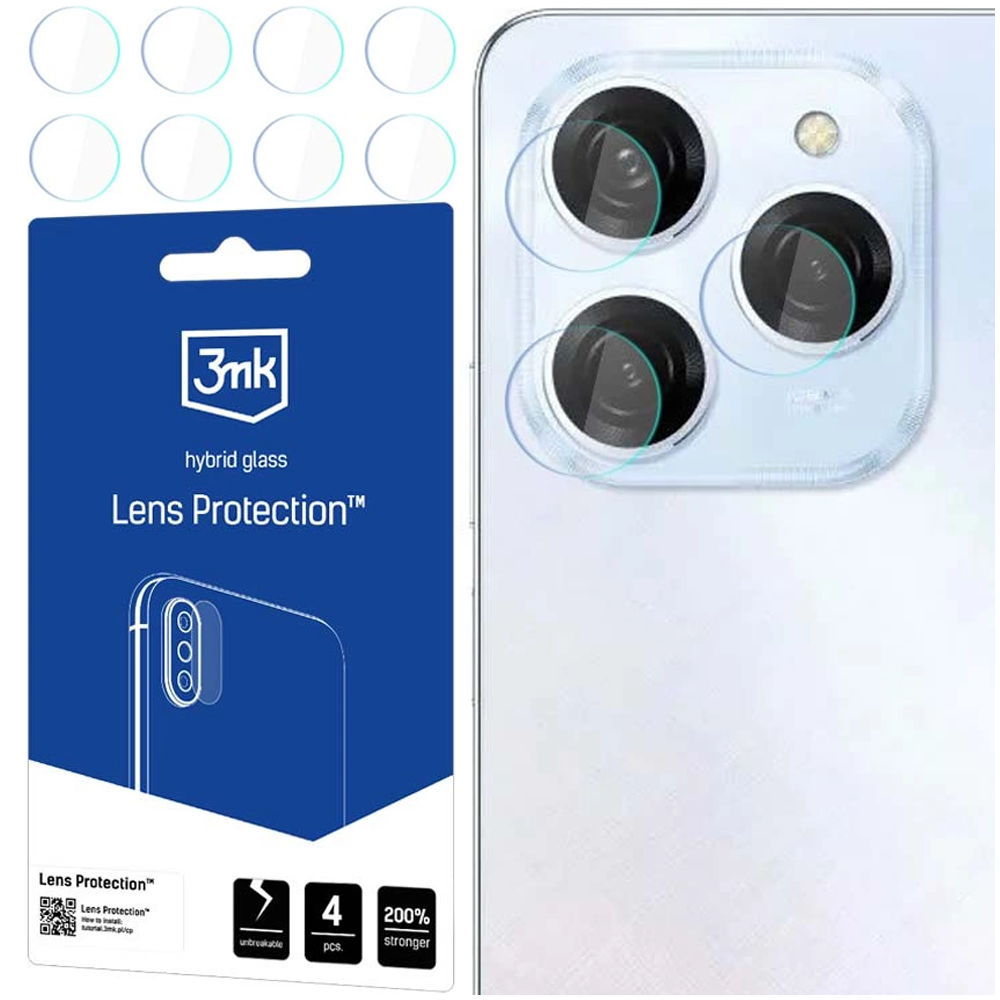 Un telefono con protezioni per lenti della fotocamera. Un pacchetto di protezioni è a sinistra. Le lenti della fotocamera del telefono sono visibili.