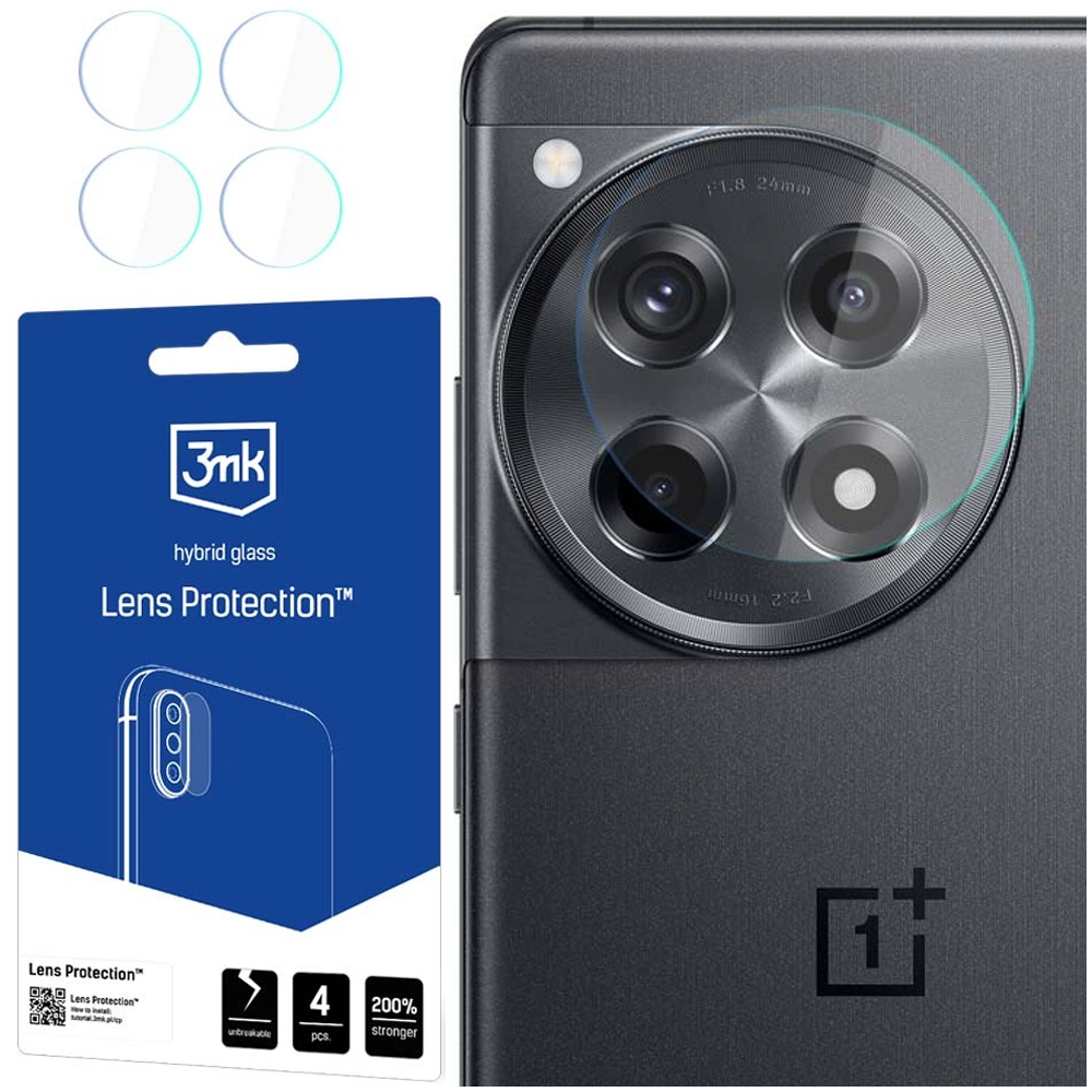 Se muestran un teléfono y protectores de lentes. El teléfono tiene una matriz de cámara circular. El paquete anuncia protección de lentes.