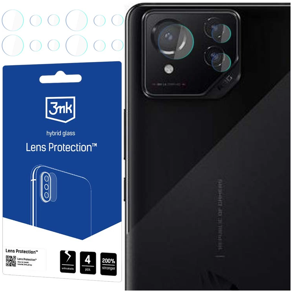 Un telefono con protezioni per lenti. A sinistra c'è una confezione con 'Lens Protection'. Il telefono ha lenti della fotocamera.