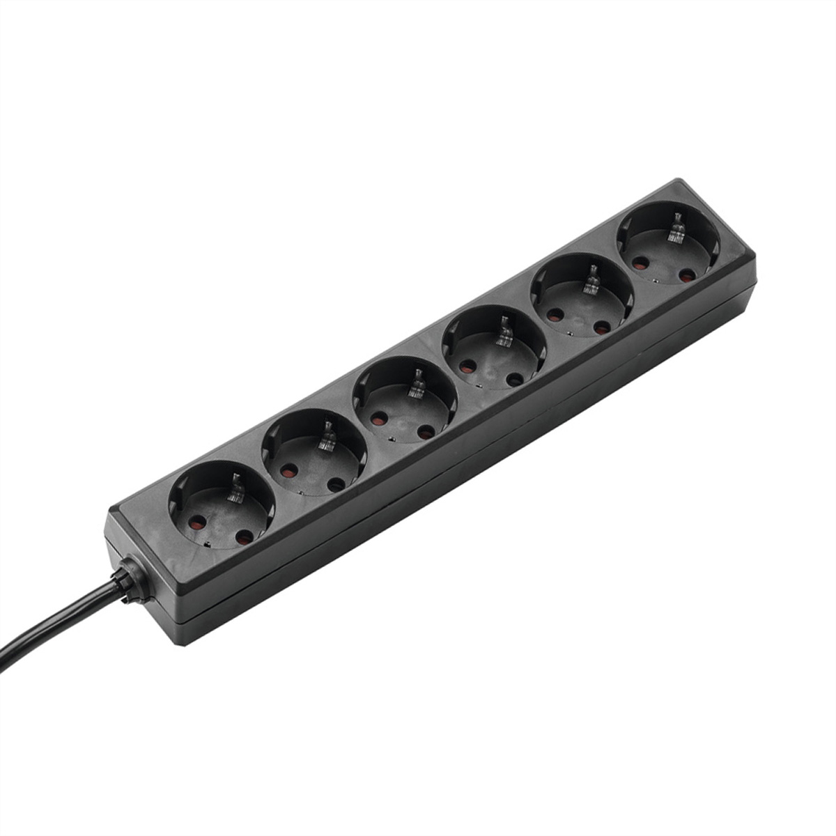 Czarna listwa zasilająca z sześcioma gniazdami, czarnym kablem i białym tłem.