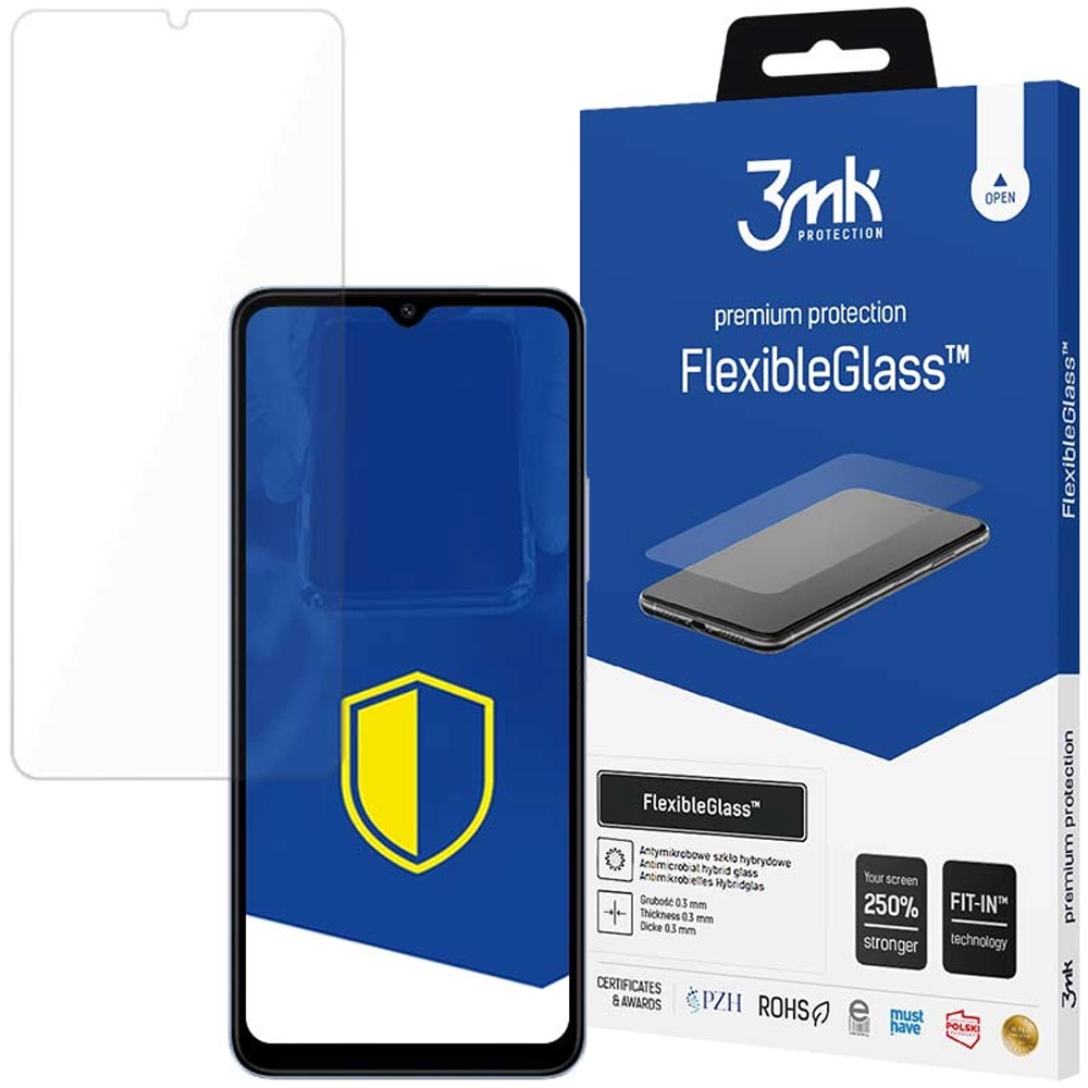 Un telefono e una protezione per lo schermo vengono visualizzati con la confezione del prodotto FlexibleGlass. La confezione è blu e bianca.