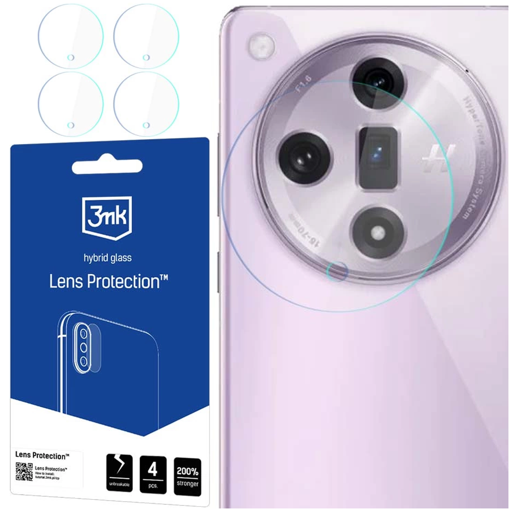 Sono mostrati un telefono e protezioni per lenti. Il telefono è viola con una fotocamera. Le protezioni sono trasparenti e in una confezione.