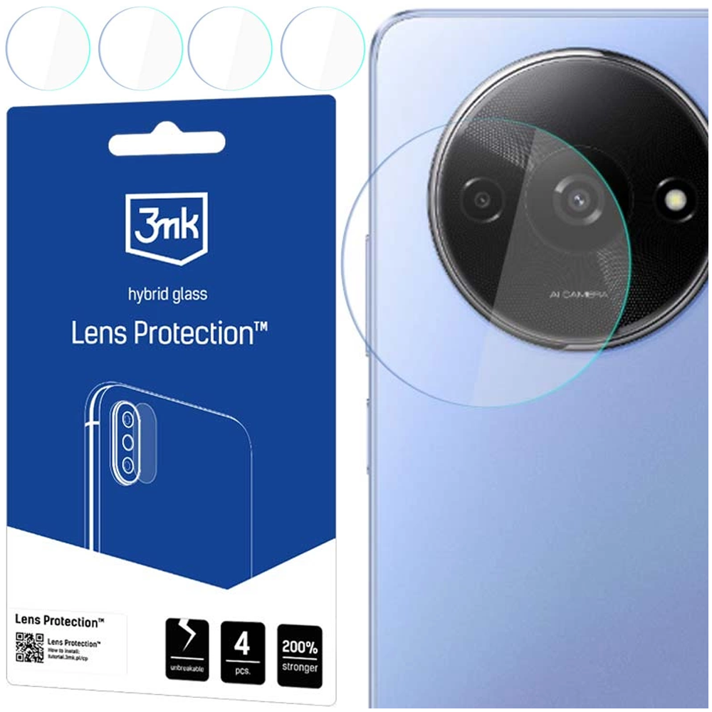 Un telefono con un kit di protezione per lenti. Il kit include protezioni per lenti, un pacchetto blu con informazioni sul prodotto e la fotocamera del telefono.