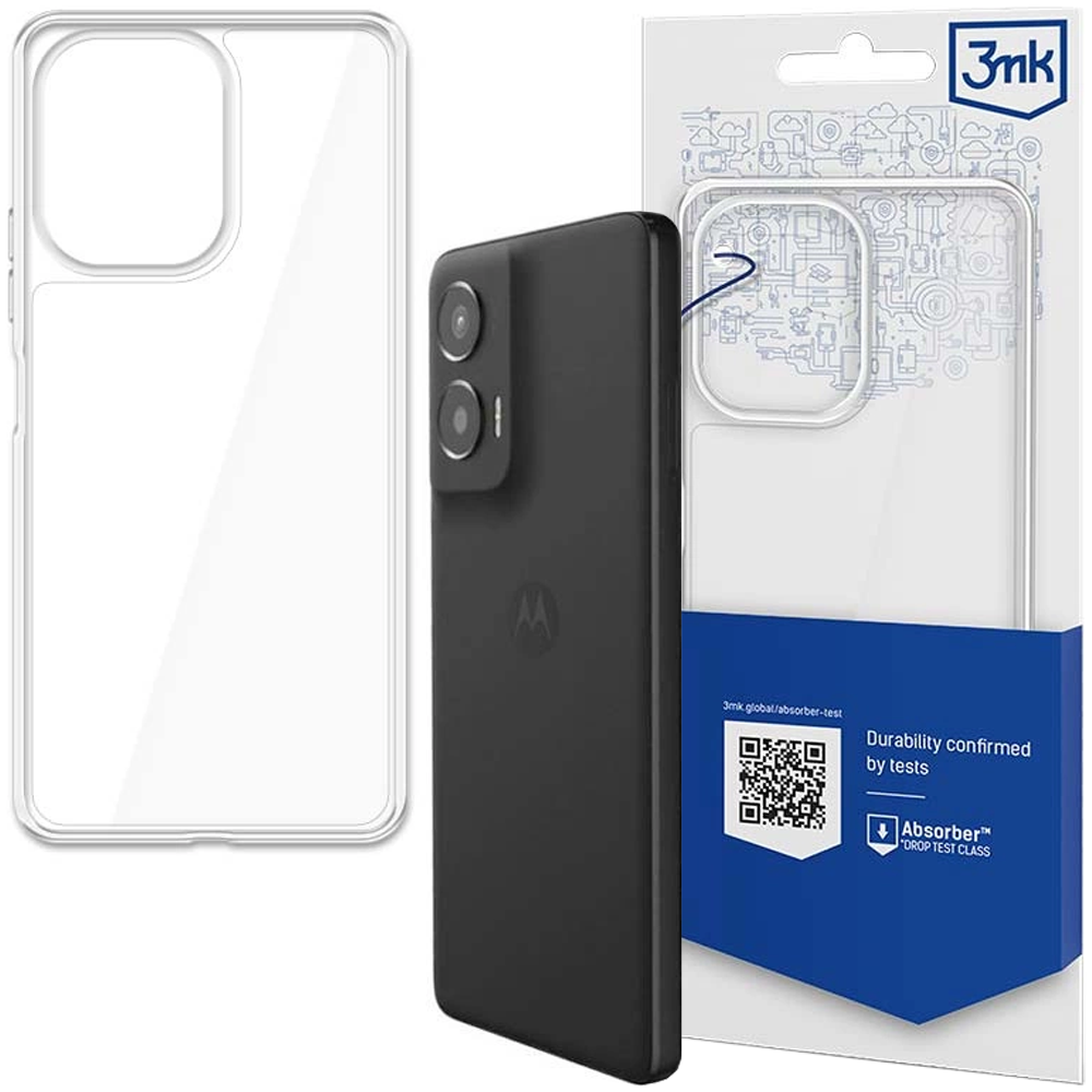 Czarny smartfon obok przezroczystego etui i jego opakowania. Opakowanie ma niebiesko-biały design z kodem QR.
