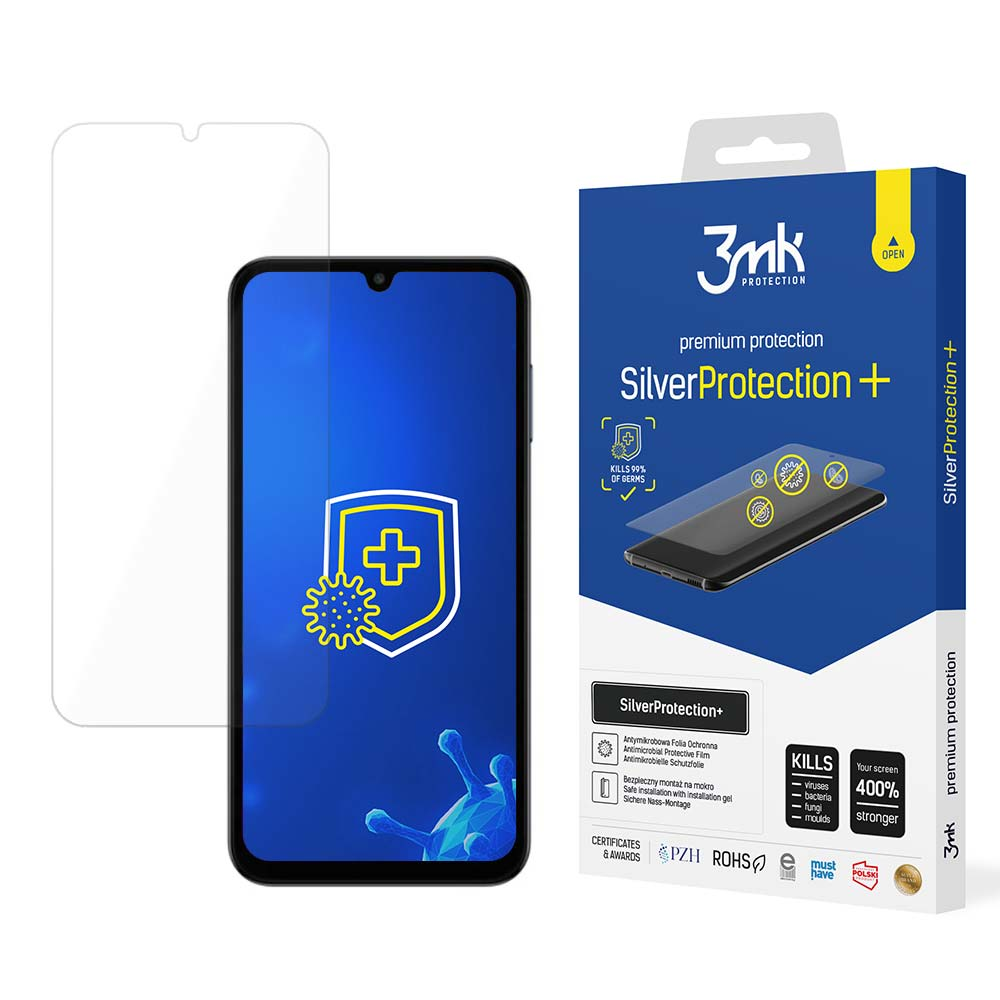 Telefon z ochroną ekranu i opakowanie, z tekstem takim jak 'SilverProtection+'.