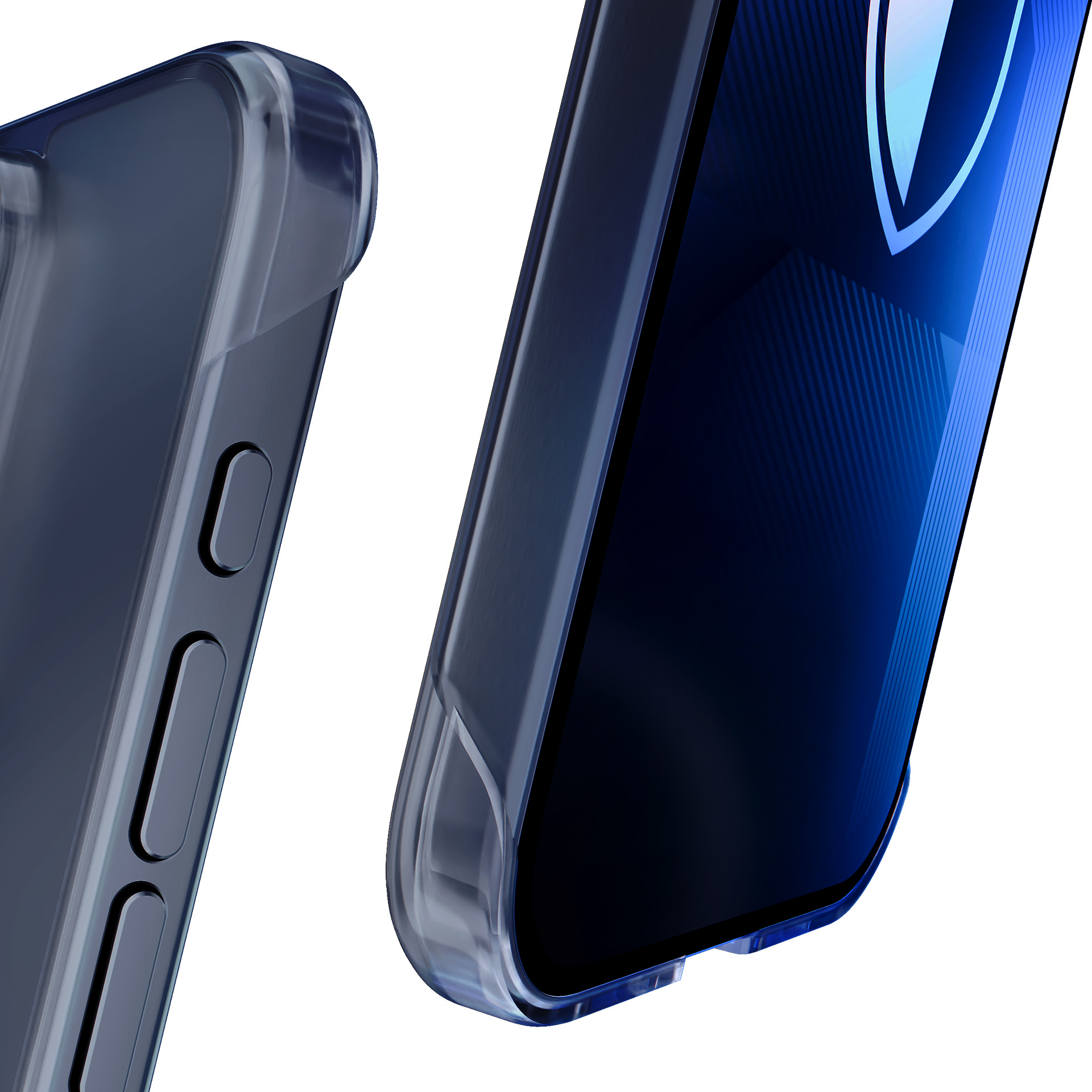 Zbliżenie przezroczystego etui na telefon z ciemnoniebieskim ekranem. Widoczne przyciski i krawędzie.