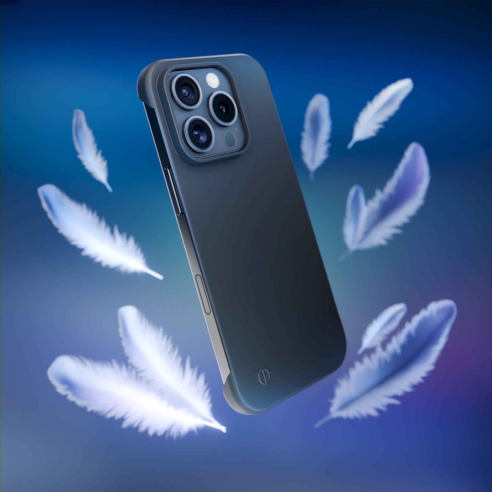 Ciemne etui na telefon z wieloma obiektywami unosi się z białymi piórami na niebiesko-fioletowym tle gradientowym.