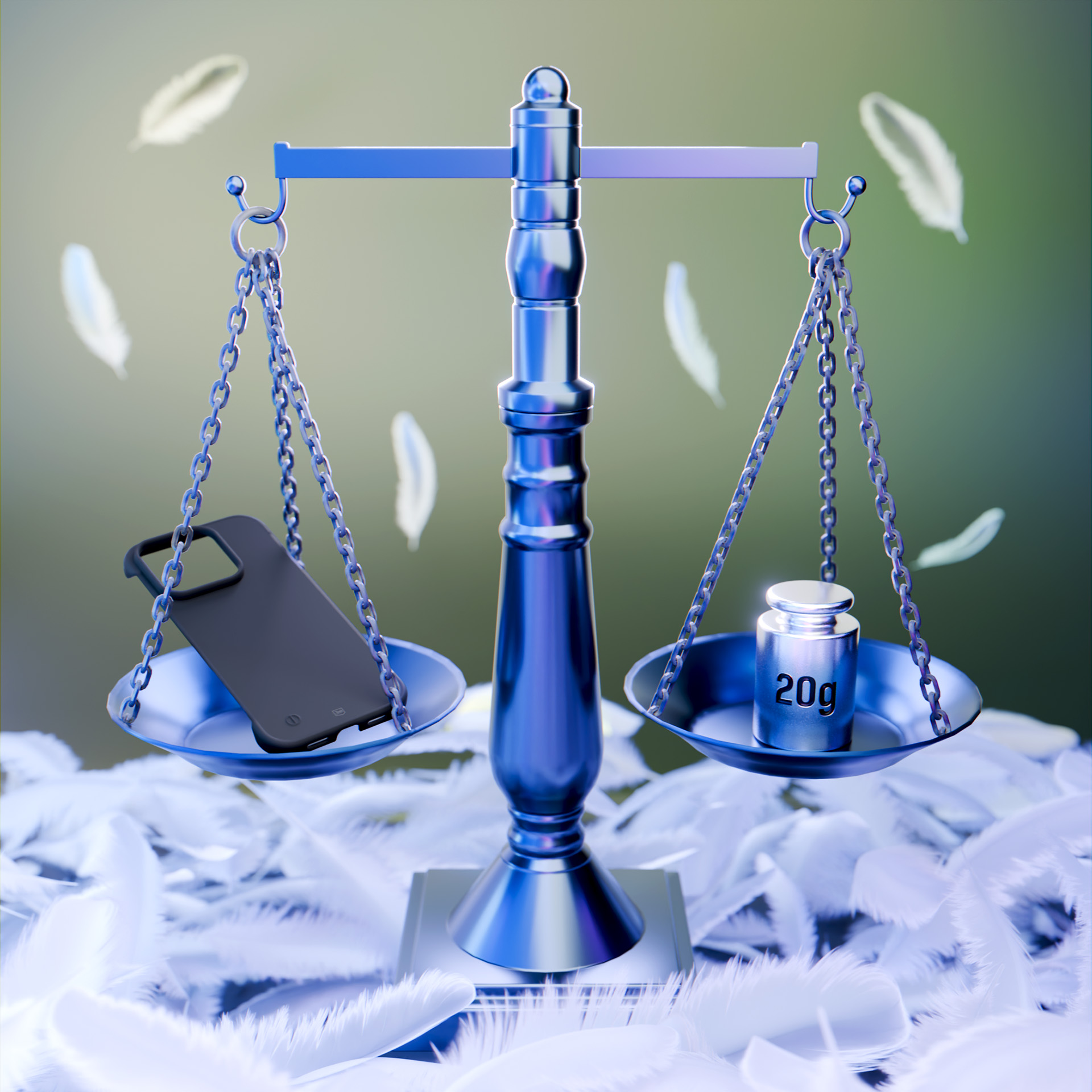 Waga równoważy etui na telefon z ciężarem 20g. Białe pióra otaczają wagę, z piórami unoszącymi się w tle.