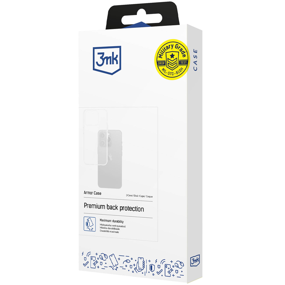 Een witte doos met een illustratie van een telefoonhoesje. '3mk'-logo en een 'Military Grade'-sticker. Tekst: 'Armor Case, Premium back protection'.