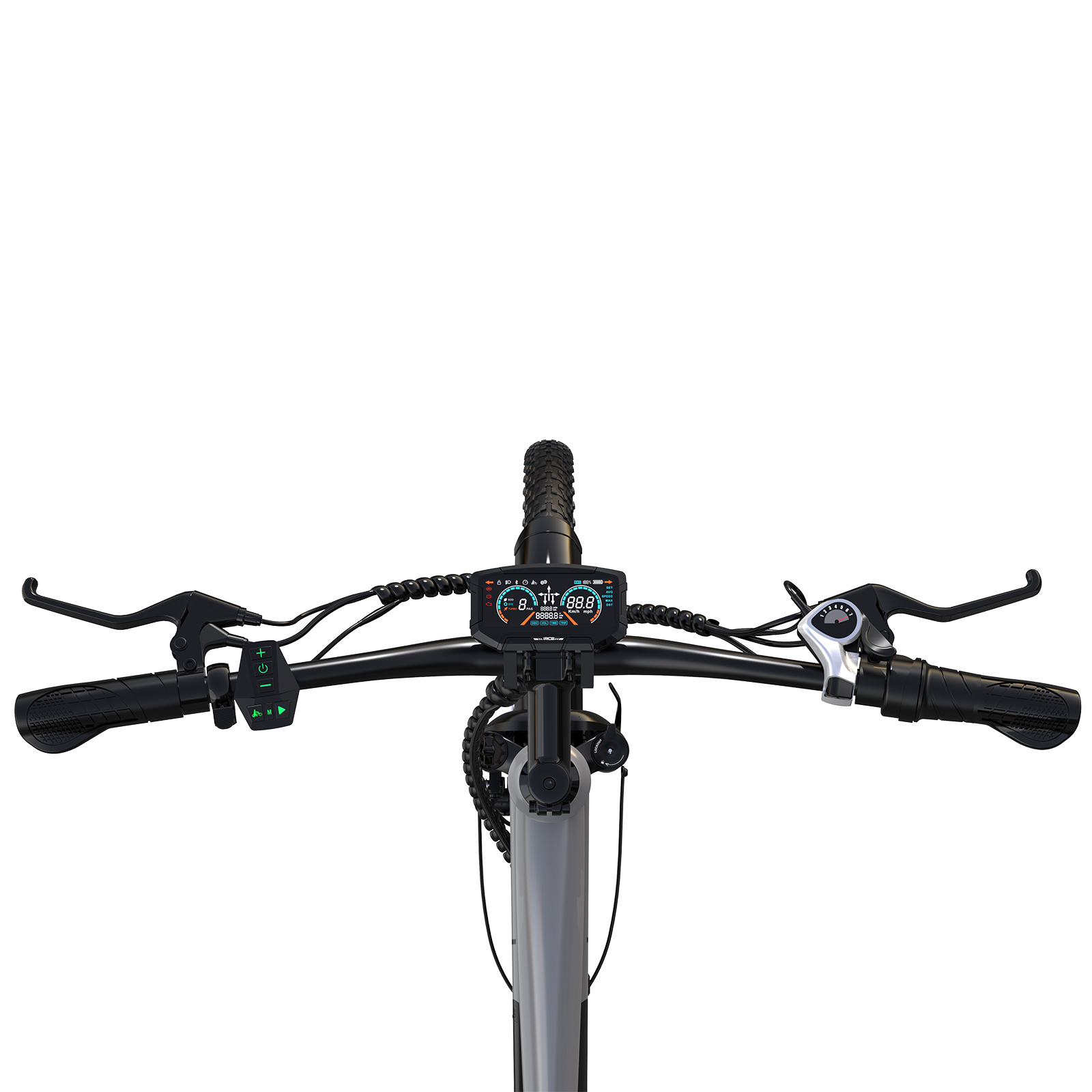 Een stuur van een elektrische fiets, met display, hendels en bedieningselementen op witte achtergrond.