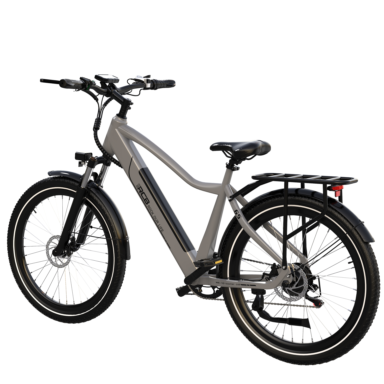 Auf weißem Hintergrund ist ein graues Elektrofahrrad abgebildet. Es hat schwarze Reifen, einen Sattel und einen Gepäckträger. Die Marke ist RCB.