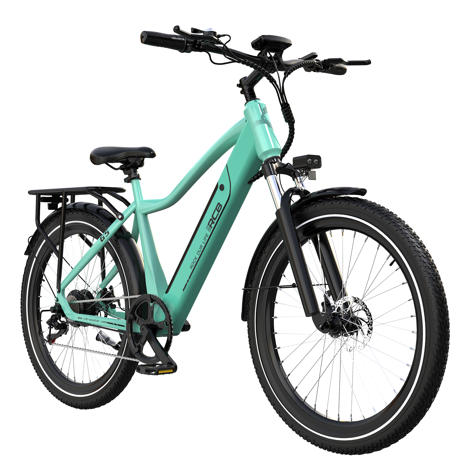 Ein türkisfarbenes Elektrofahrrad vor weißem Hintergrund. Es hat schwarze Reifen und Komponenten. Der Rahmen trägt das RCB-Logo.