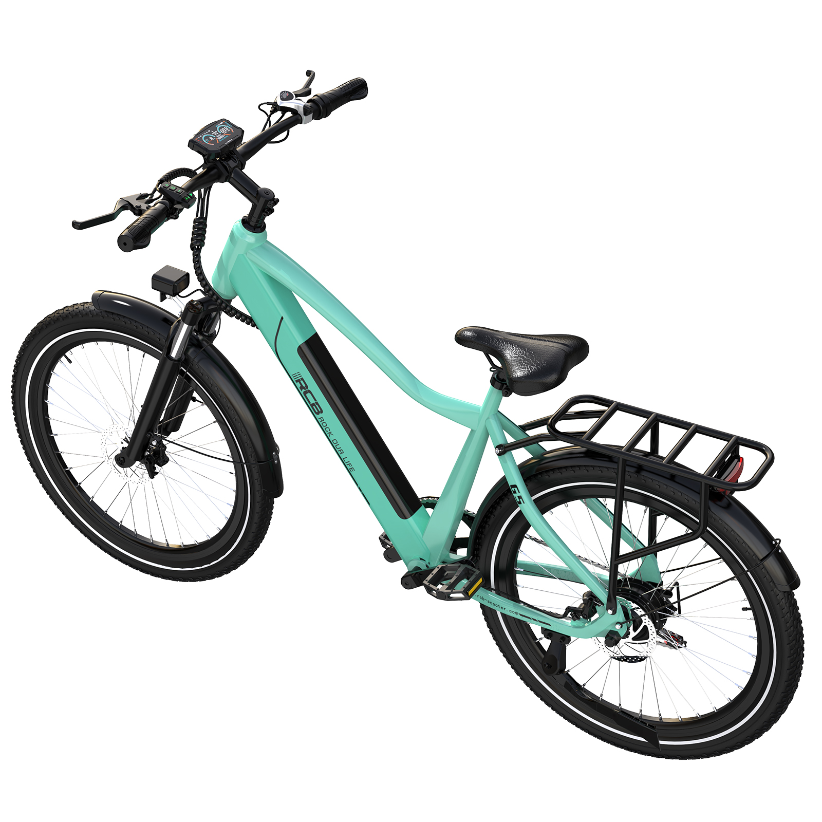 Ein türkisfarbenes Elektrofahrrad auf weißem Hintergrund. Schwarze Reifen, Sitz und Lenker. Hat einen Gepäckträger hinten.