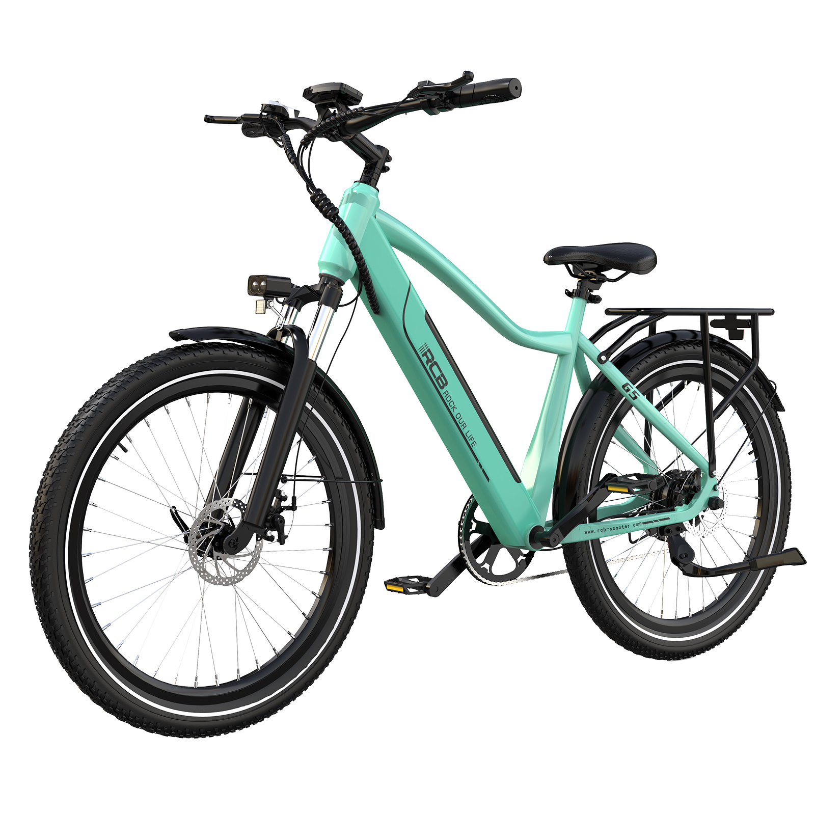 Ein mintgrünes Elektrofahrrad mit schwarzen Reifen und Akzenten. Zu den Merkmalen gehören ein Gepäckträger, Frontlicht und Scheibenbremsen.