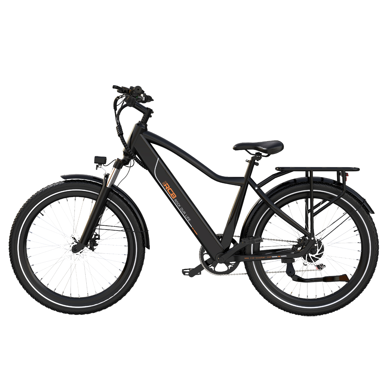 Schwarzes Elektrofahrrad vor weißem Hintergrund. Es hat einen schwarzen Rahmen, Reifen und Sitz. Der Markenname ist sichtbar.
