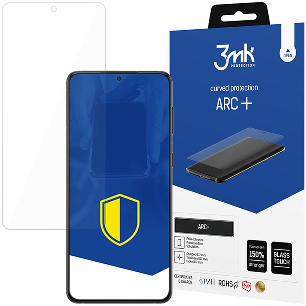 Telefon z ochroną ekranu, pudełko z napisem '3mk Protection' i 'ARC+'.
