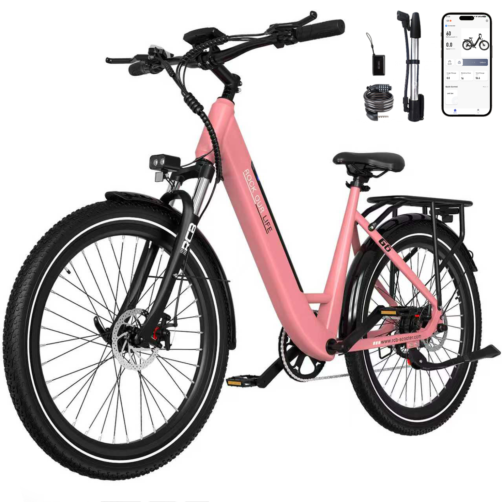 Una bicicleta eléctrica rosa con neumáticos negros, accesorios y un teléfono que muestra estadísticas de la bicicleta. La bicicleta tiene las palabras 'Rock Our Life'.