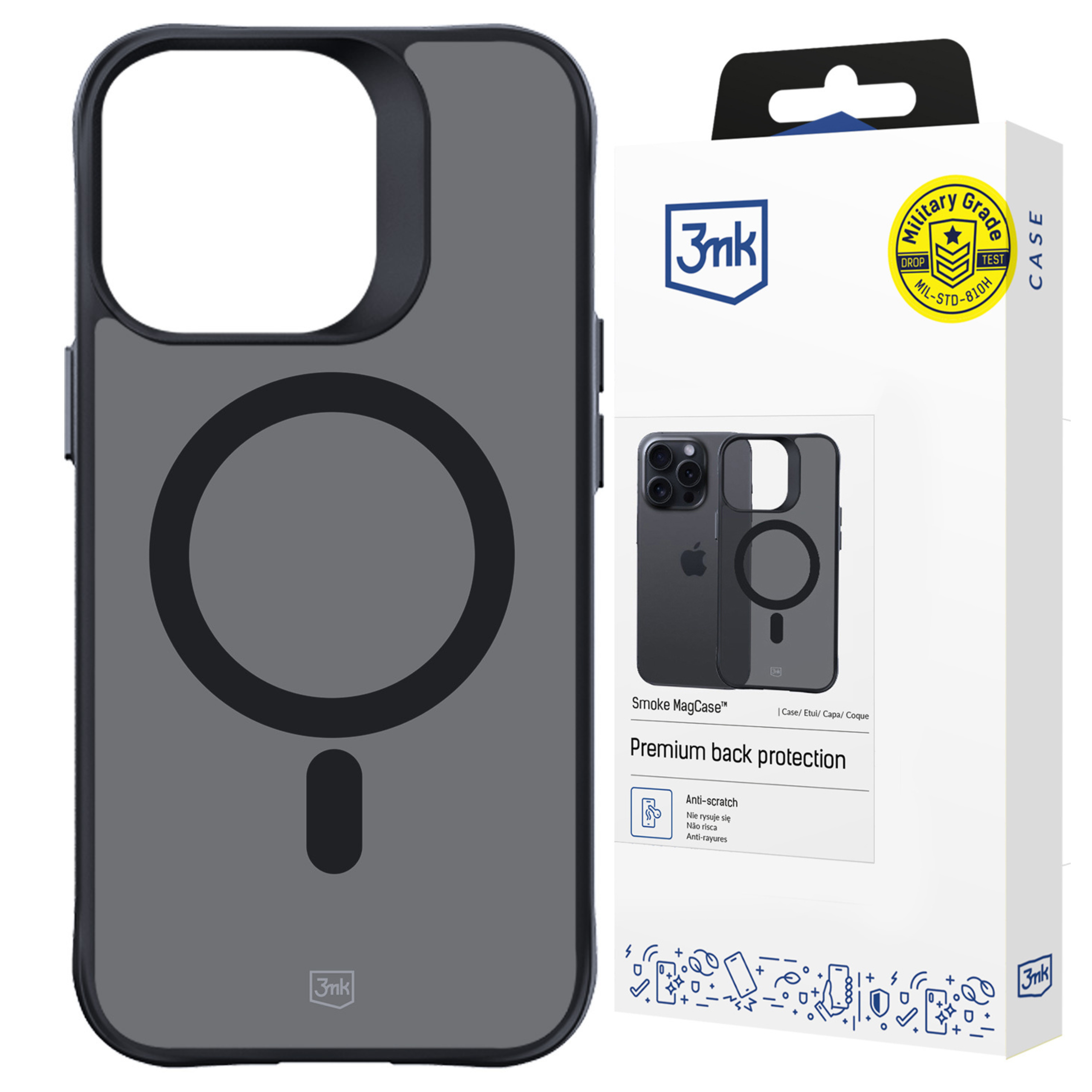 Wyświetlana jest obudowa telefonu, obok jej opakowanie. Obudowa jest ciemnoszara. Opakowanie jest białe.