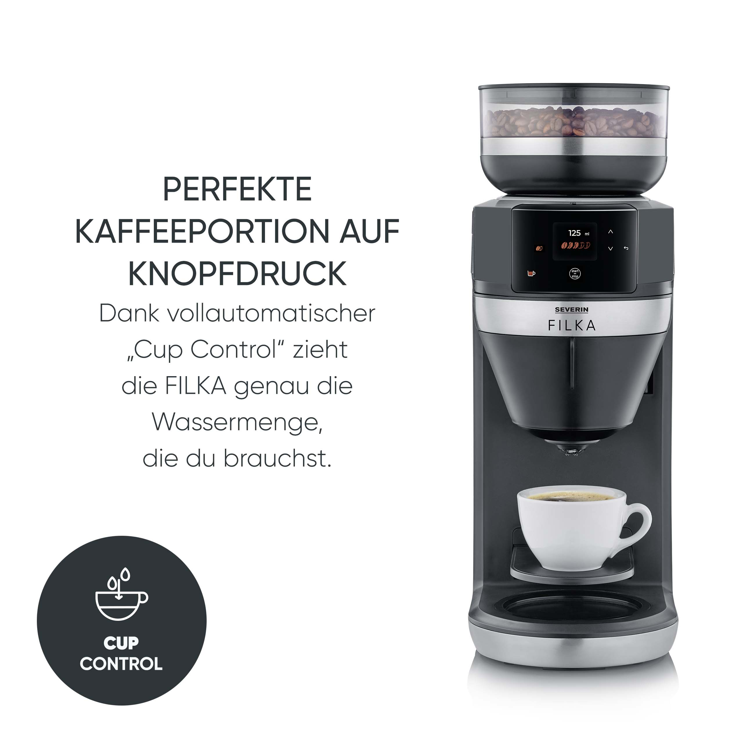 A coffee machine with coffee beans in the top and a cup of coffee at the bottom. Text in German.