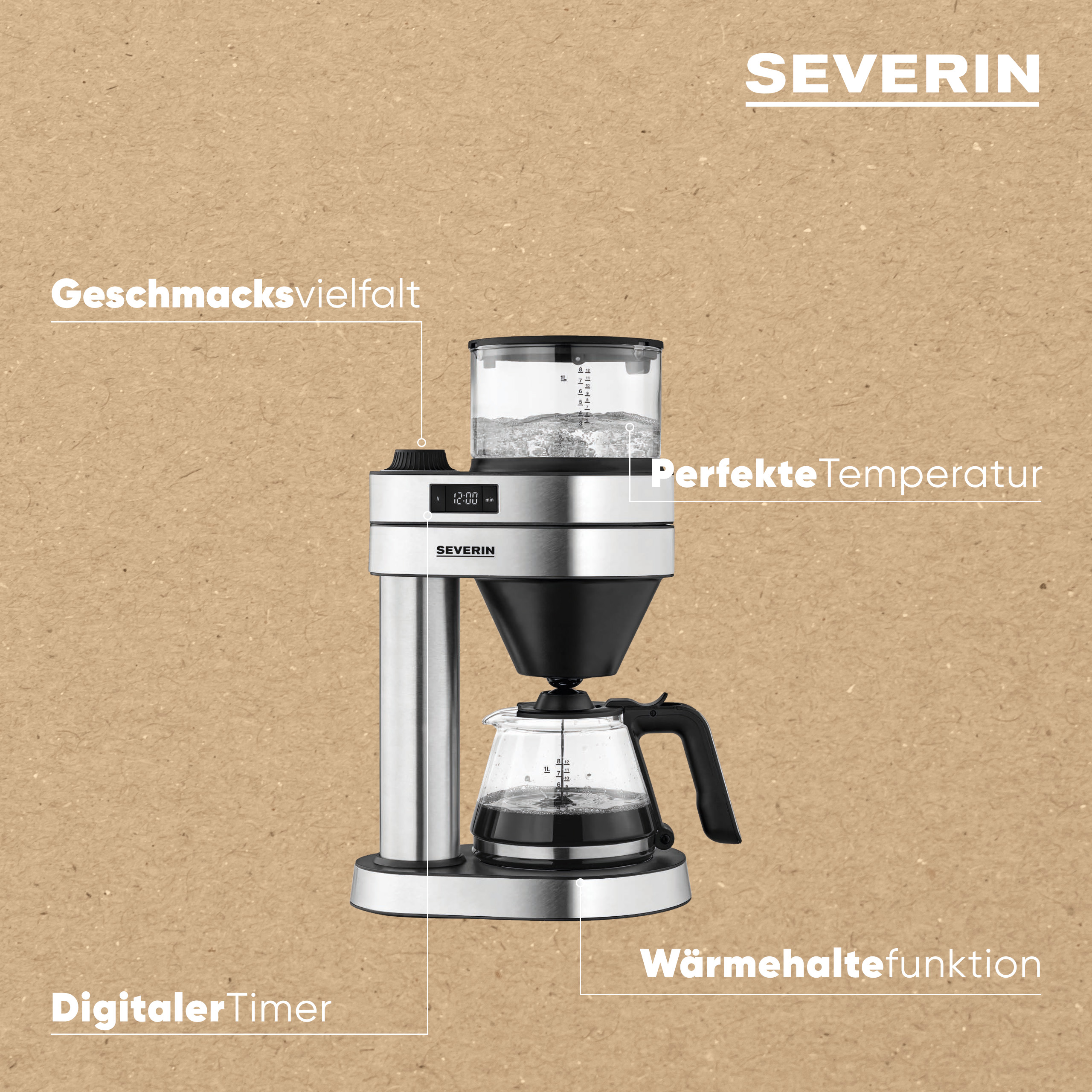 Una caffettiera con timer e caraffa in vetro, lo sfondo è marrone chiaro.