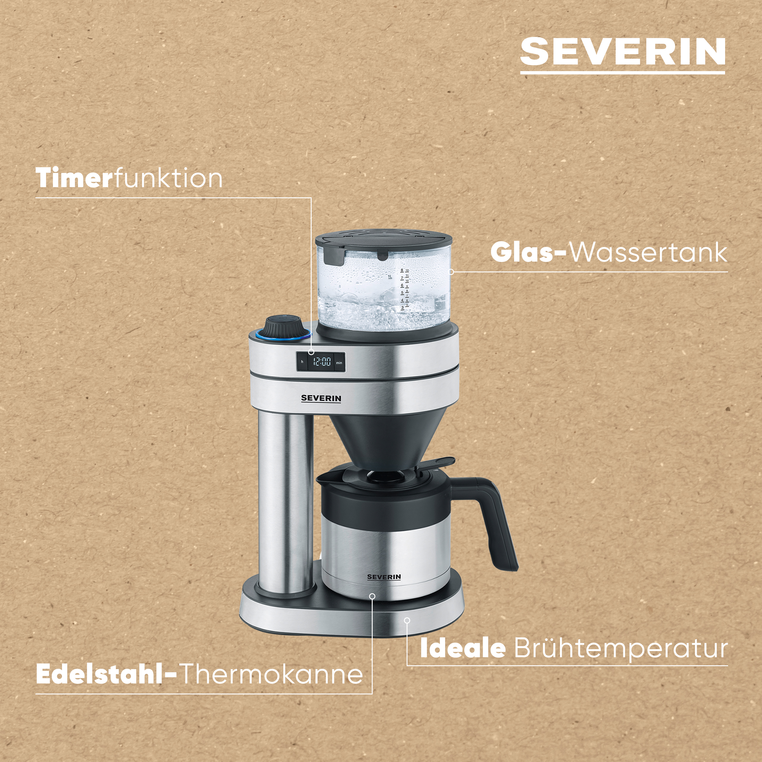 A Severin coffee maker with a timer, glass water tank, and stainless steel thermal carafe, ideal brewing temp.