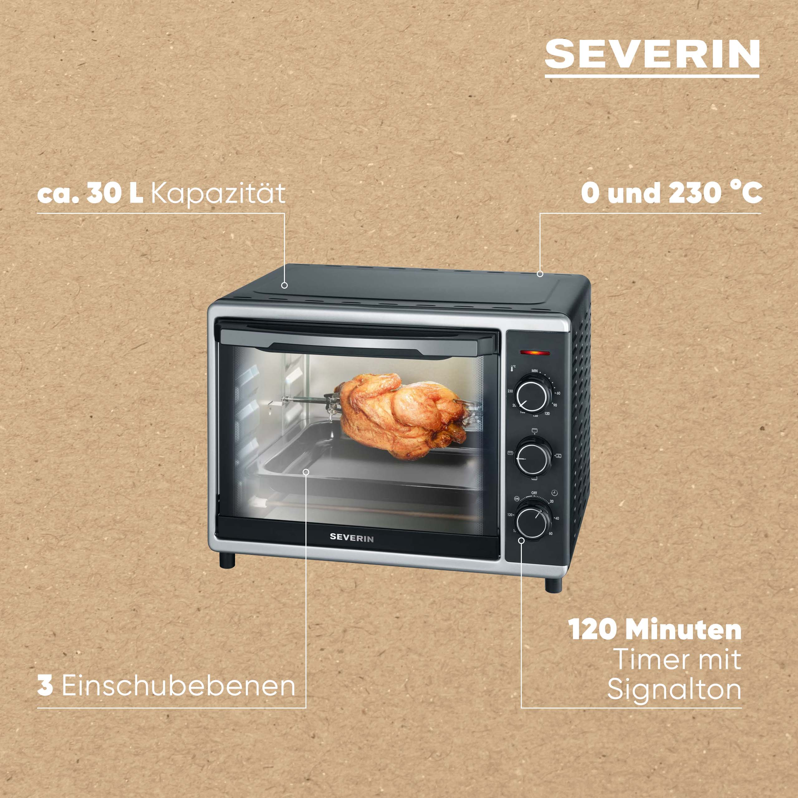 Un horno Severin con un pollo asado dentro. Tiene temporizador y capacidad de 30L.