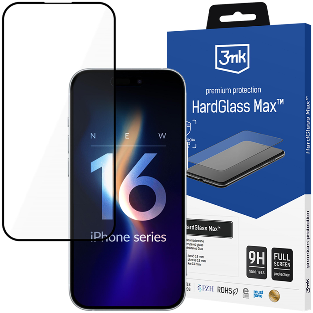 Ochraniacz ekranu do iPhone'a 16 z telefonem i jego pudełkiem. Na pudełku napisano HardGlass Max, ochrona premium i twardość 9H.
