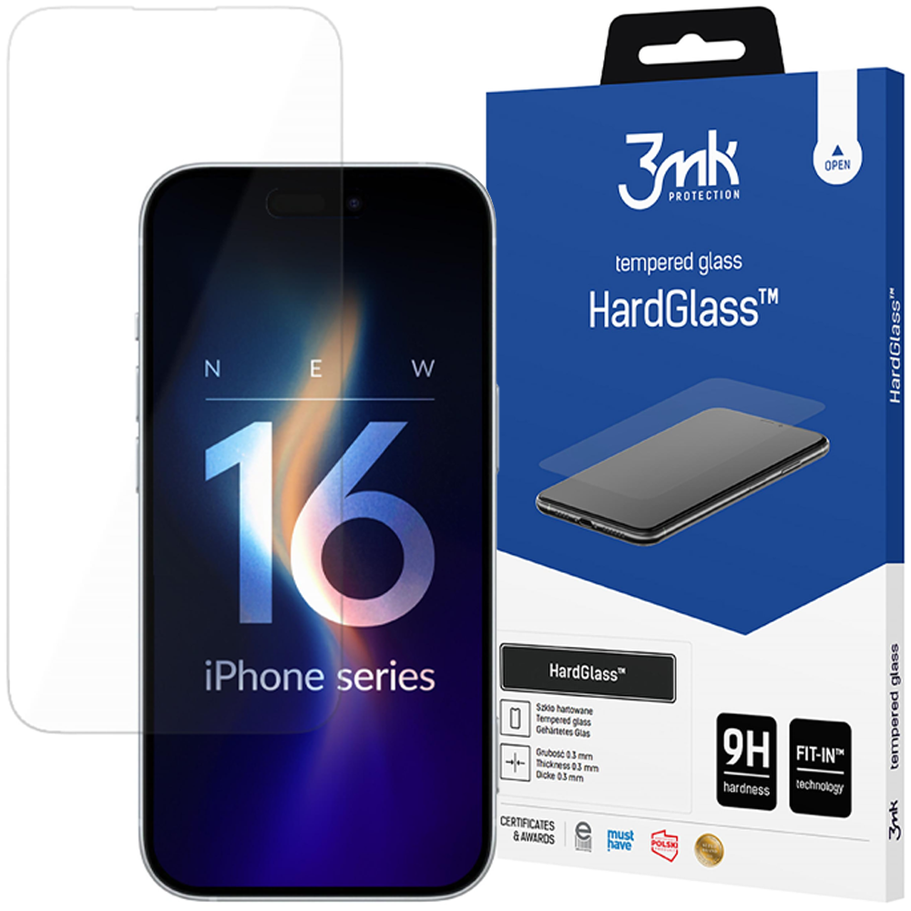 Ochraniacz ekranu telefonu i pudełko. Na pudełku napis 'HardGlass' i 'iPhone series'. Na ekranie znajduje się telefon.