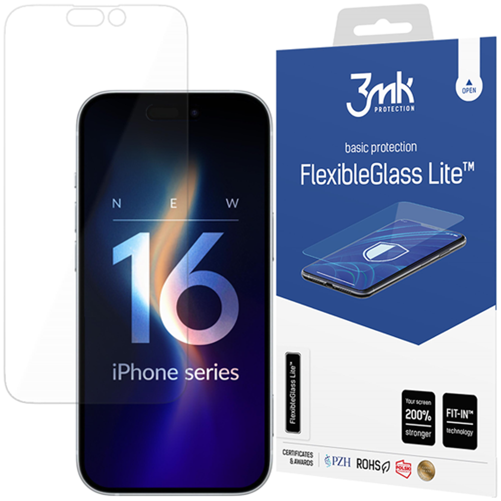 Un iPhone 16 con protezione schermo e una confezione del prodotto etichettata FlexibleGlass Lite. Lo sfondo è bianco.