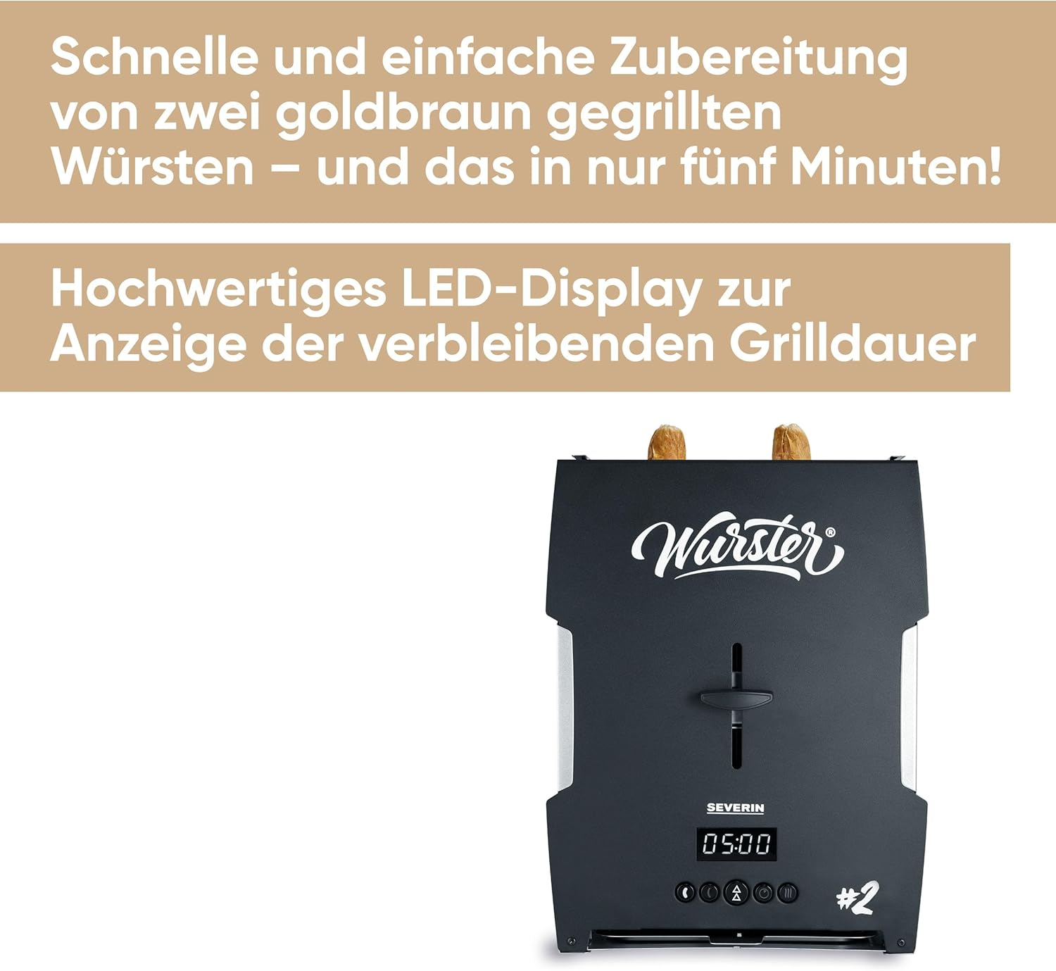A black appliance with 'Wurster' logo and a digital display showing '05:00'. Two sausages are visible on top.