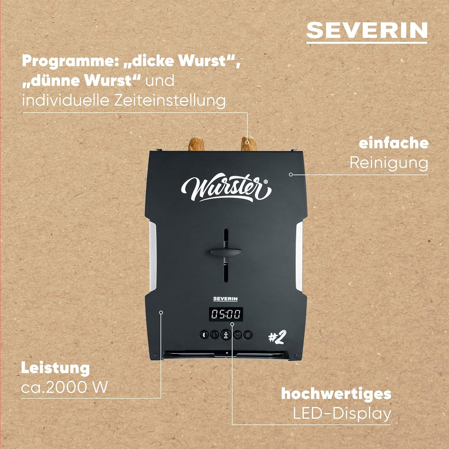 A black wurster with a digital display showing 05:00. Text indicates "dicke Wurst", "dünne Wurst", and individual time settings.