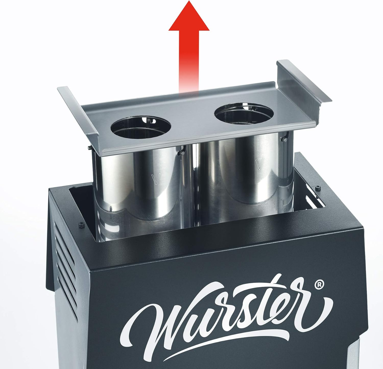 A close-up of a wurster machine. Stainless steel top with two holes. Red arrow pointing up. Black base with the name 'Wurster'.