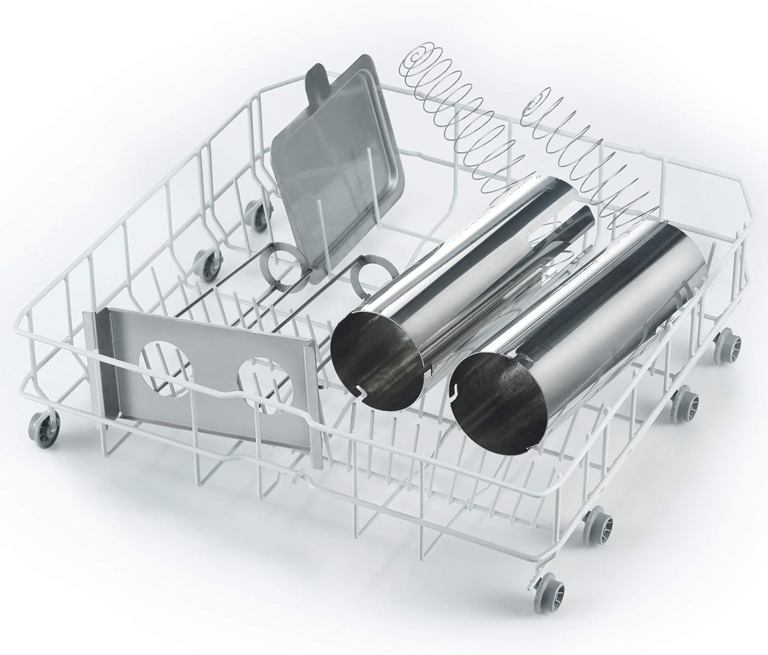 A white dishwasher rack holds shiny metal cylinders and a small tray. The rack has wheels and a spring-like metal piece.