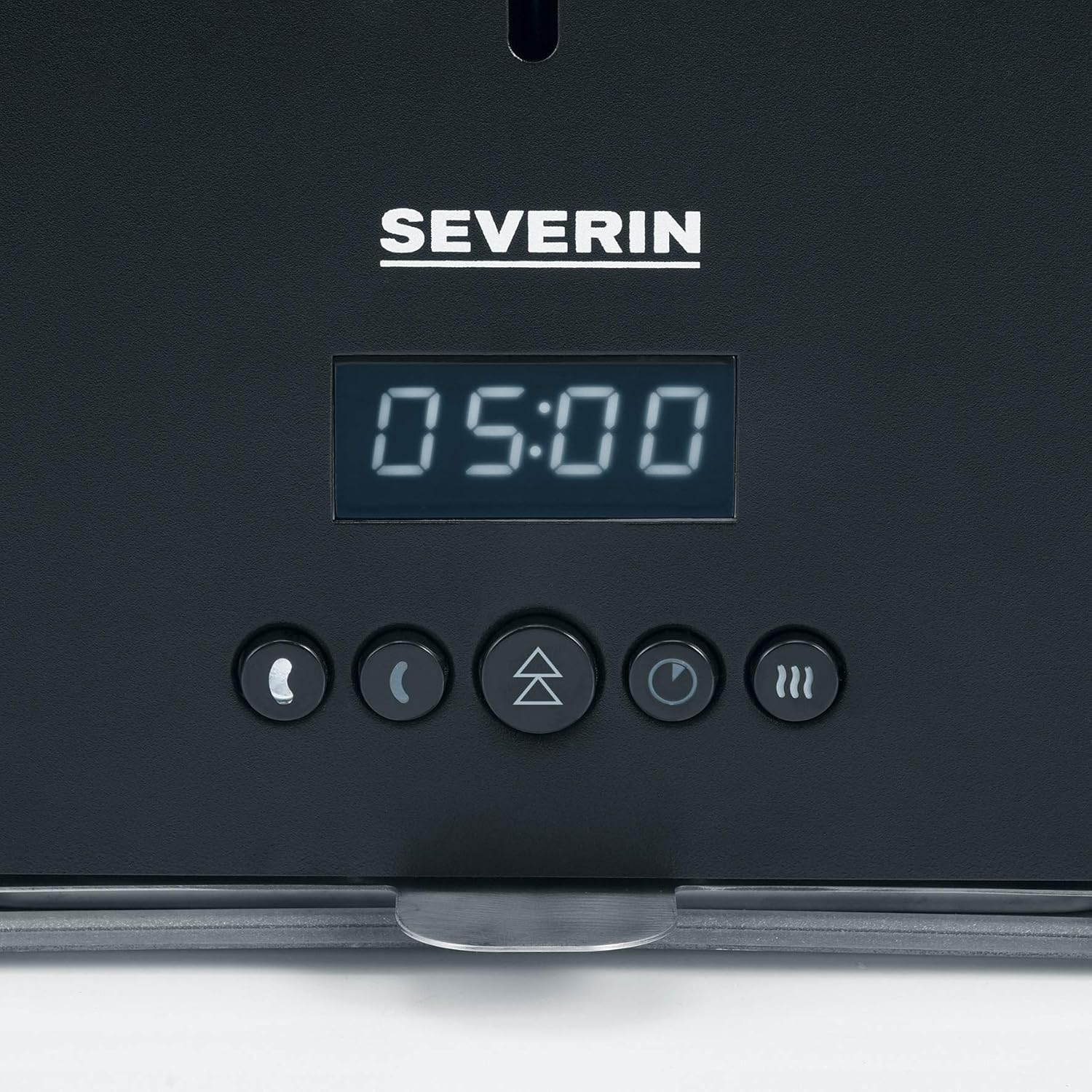 Black appliance front with 'SEVERIN' logo, digital display showing 05:00, and control buttons.