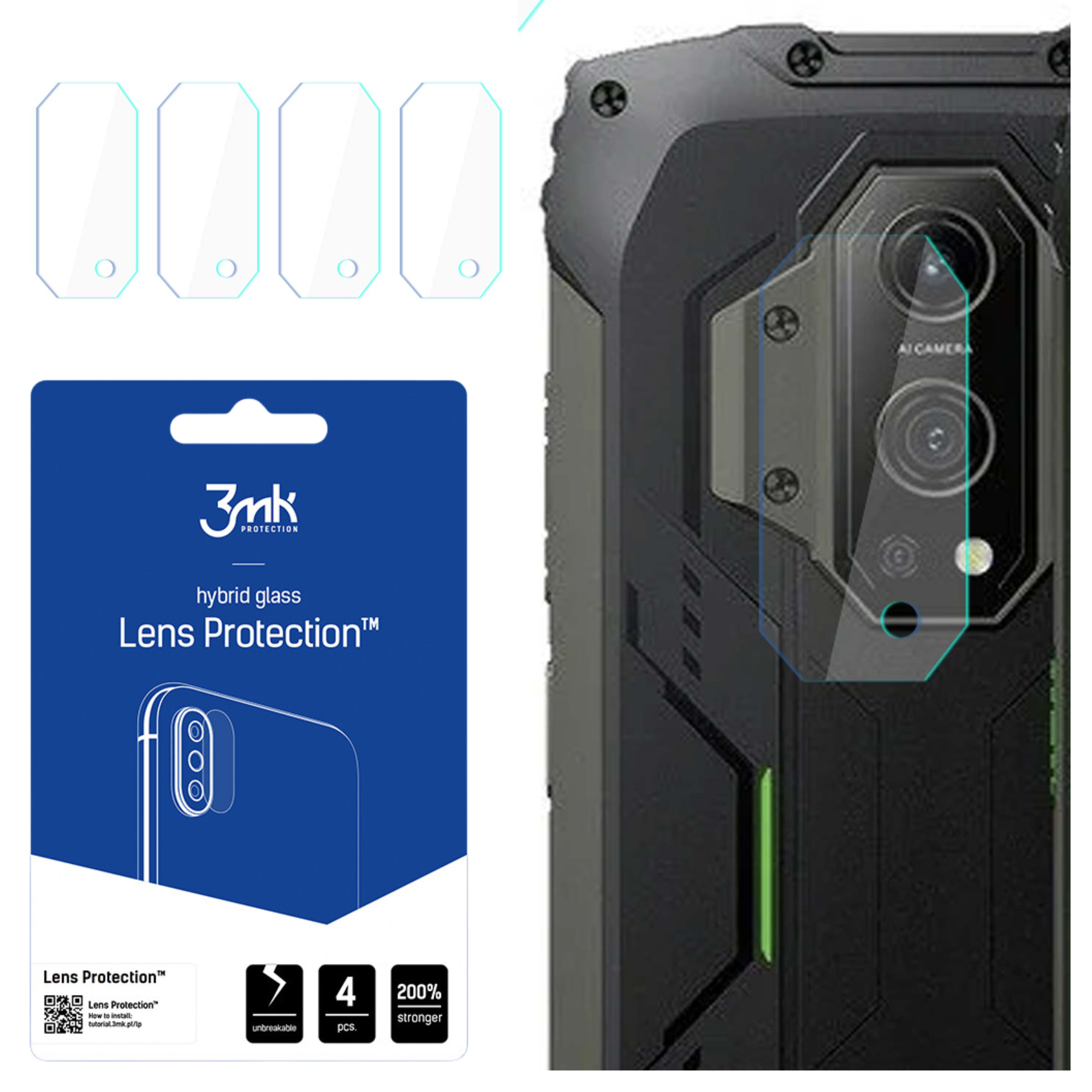 L'immagine mostra un set di protezioni per telefono e un telefono. Il set include una confezione blu e protezioni per lenti. Il telefono è nero.