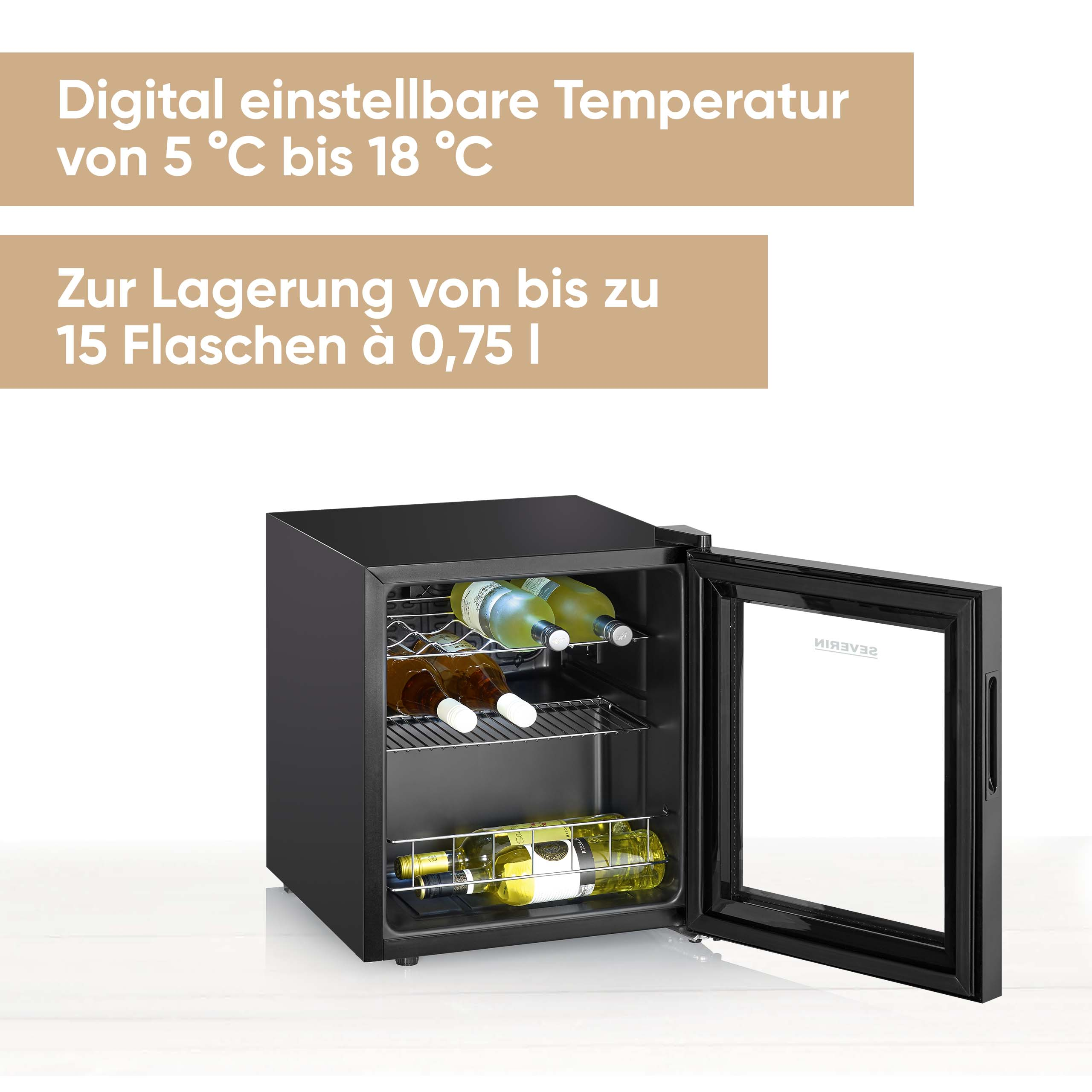 Schwarzer Weinkühler mit Glastür. Im Inneren befinden sich Weinflaschen auf Metallregalen. Text auf Deutsch steht oben.