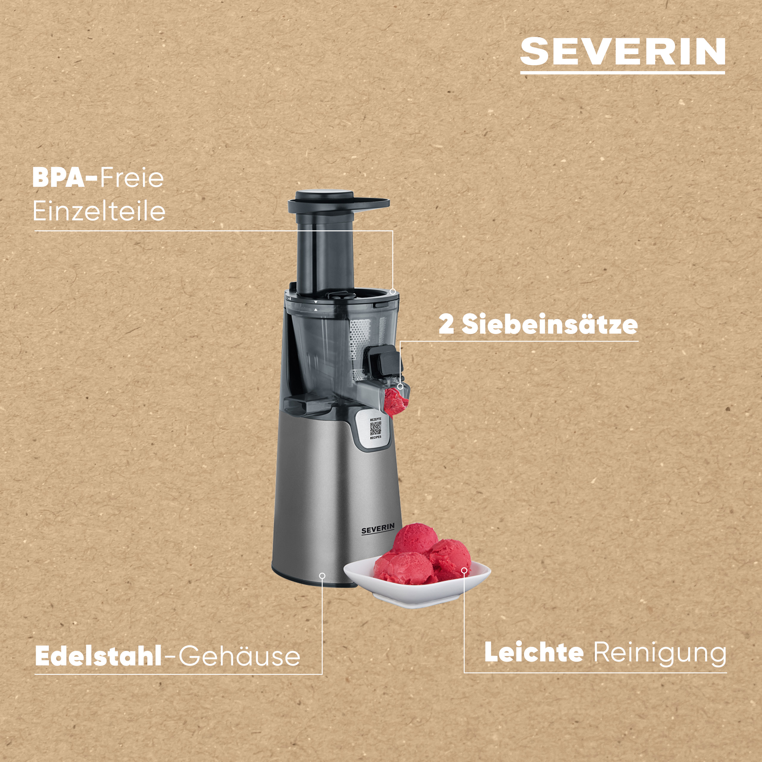 Spremiagrumi argento con sorbetto rosso su piatto bianco. Testi: parti senza BPA, 2 setacci, acciaio inox.