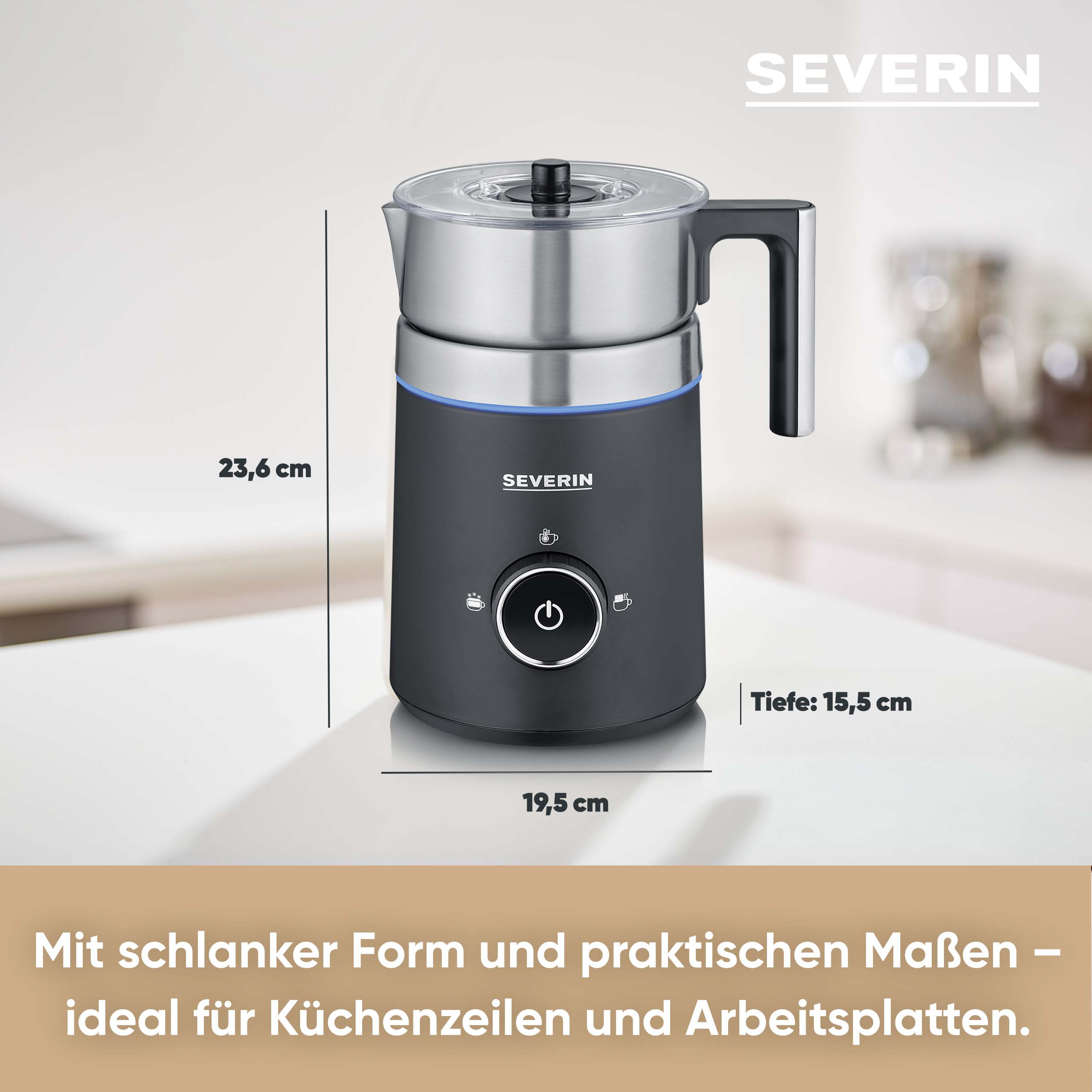Ein schwarz-silberner Severin Milchaufschäumer mit angegebenen Abmessungen, auf weißem Untergrund, Text unten.