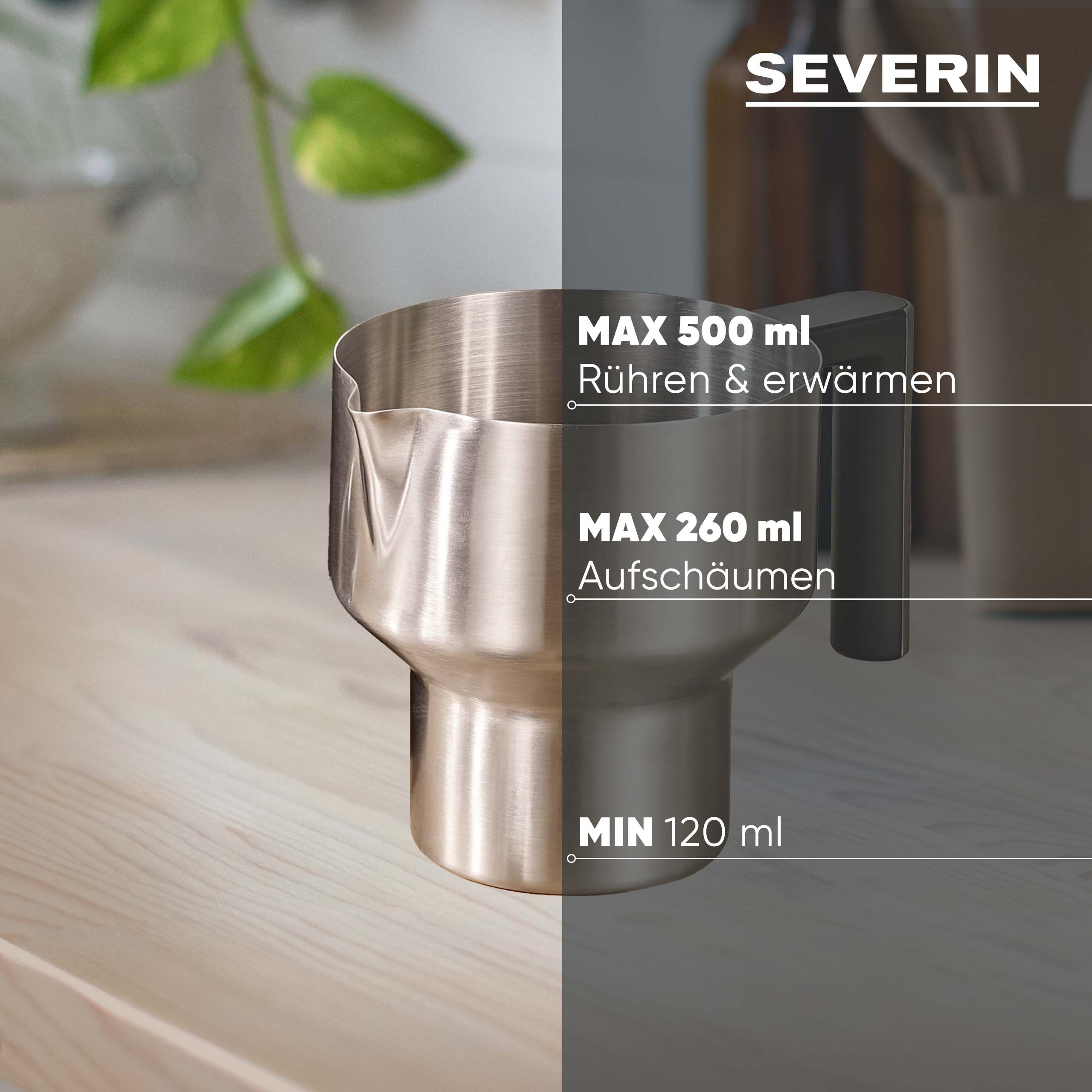 Spieniacz do mleka ze stali nierdzewnej z czarnym uchwytem. Oznaczenia poziomów objętości dla spieniania i podgrzewania.