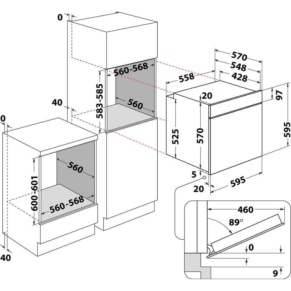 Diagramma di elettrodomestici da cucina, con dimensioni in mm. Include forno, microonde e mobile, con varie misure.