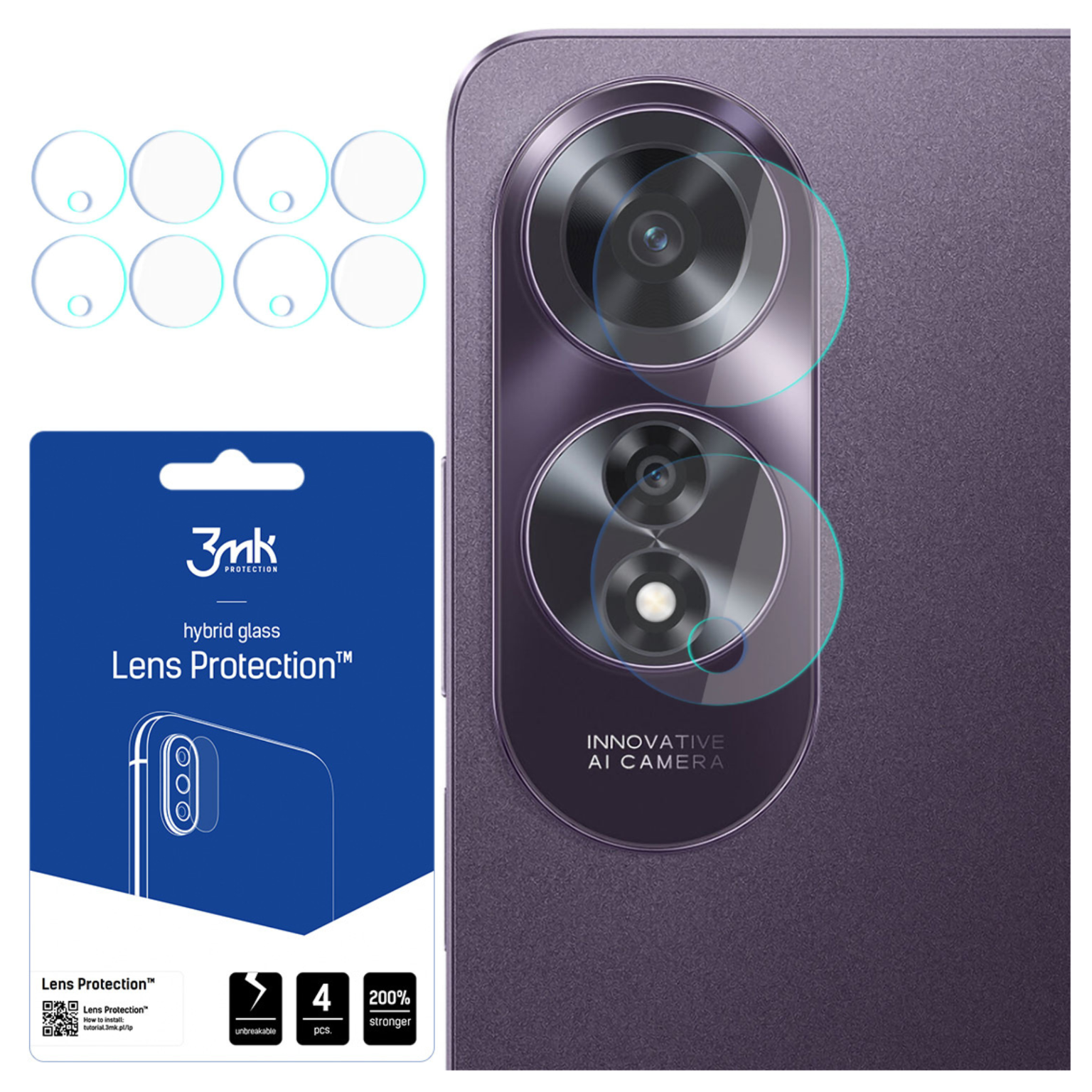L'immagine mostra telefono con protezione per lenti della fotocamera. Confezione, protezioni e testo Lens Protection e 3mk sono visibili.