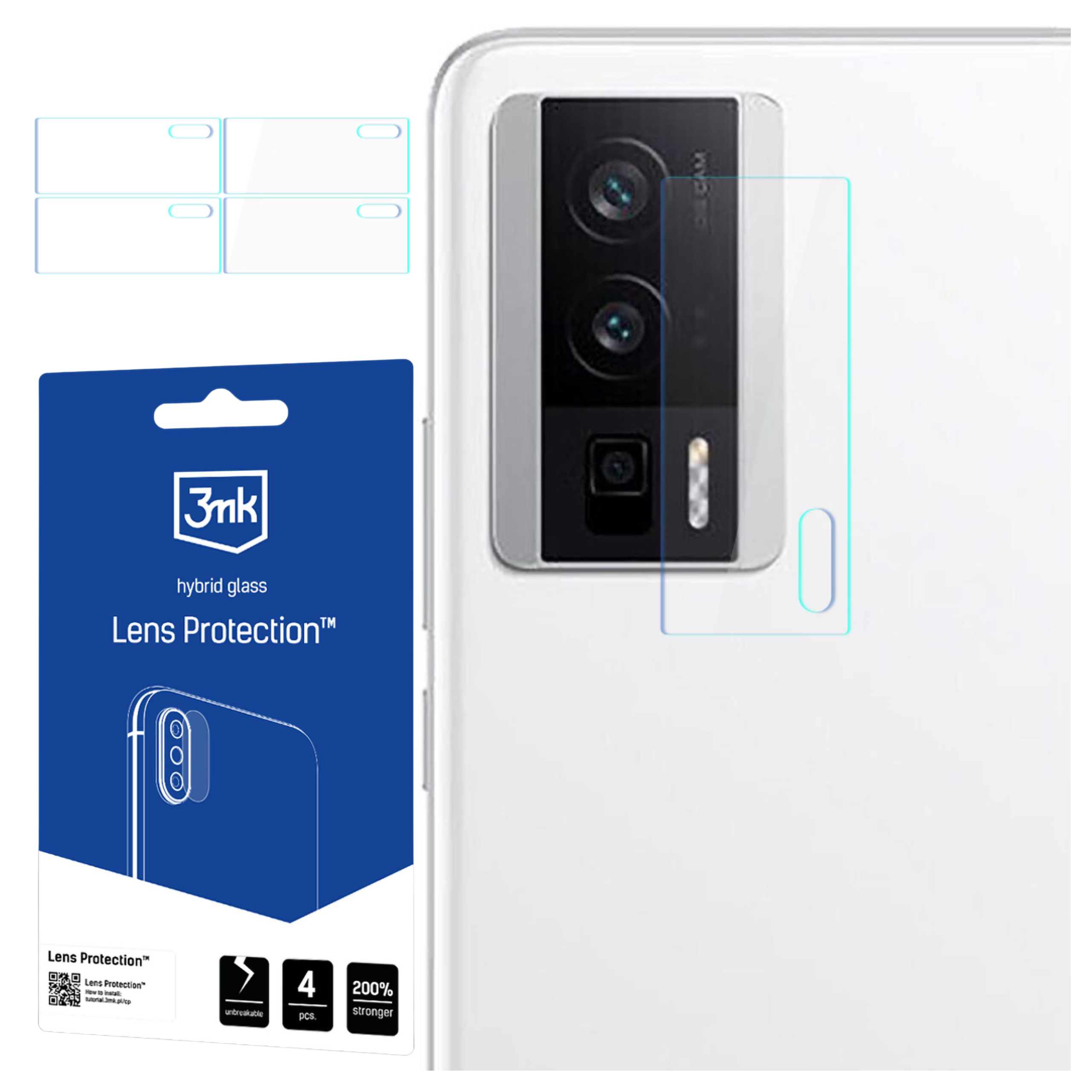 L'immagine mostra un telefono con protezione lente. La confezione ha testo e icone. Il telefono ha una fotocamera.