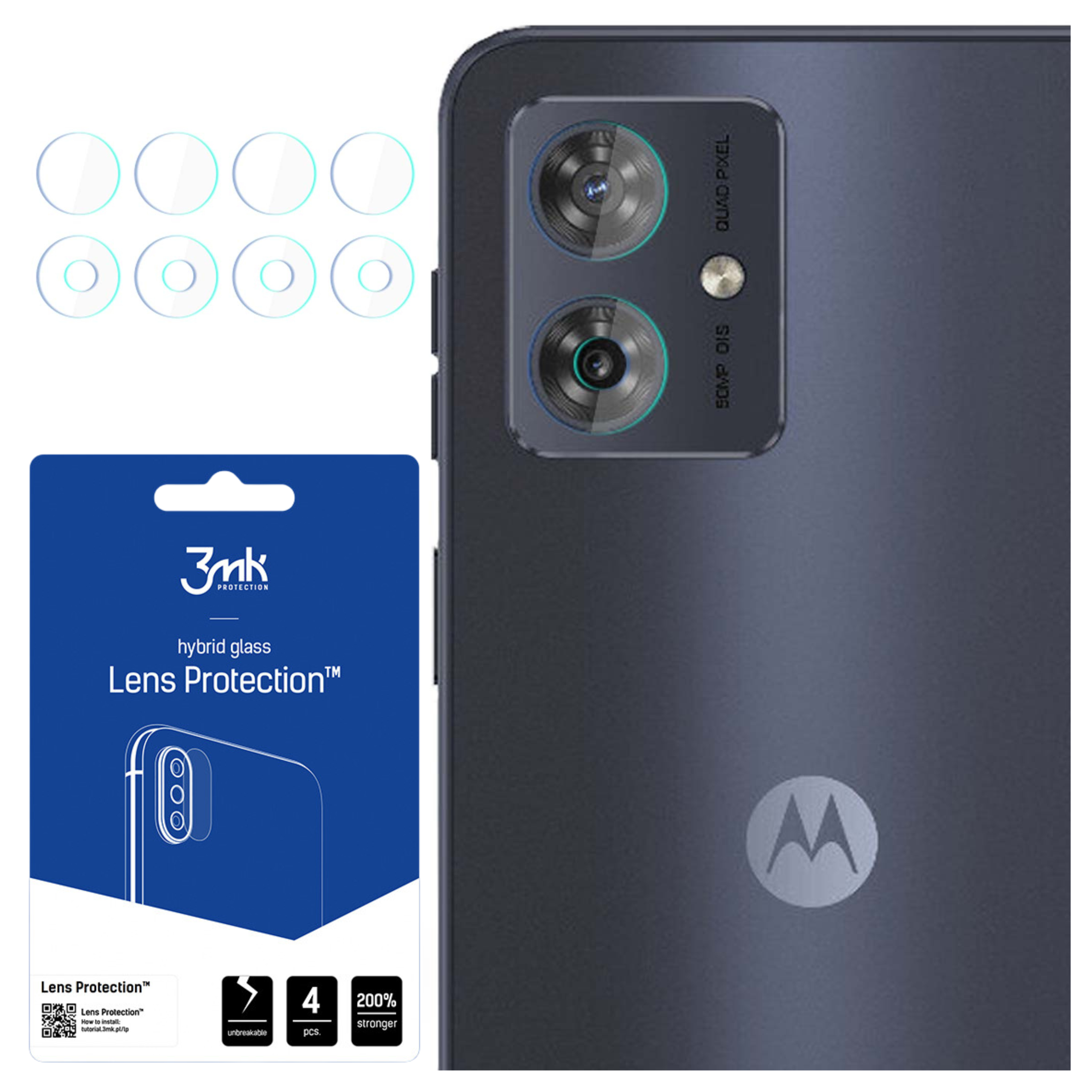 L'immagine mostra un telefono con protezioni per lenti, un pacchetto di protezione e la fotocamera di un telefono. La fotocamera ha 4 lenti.