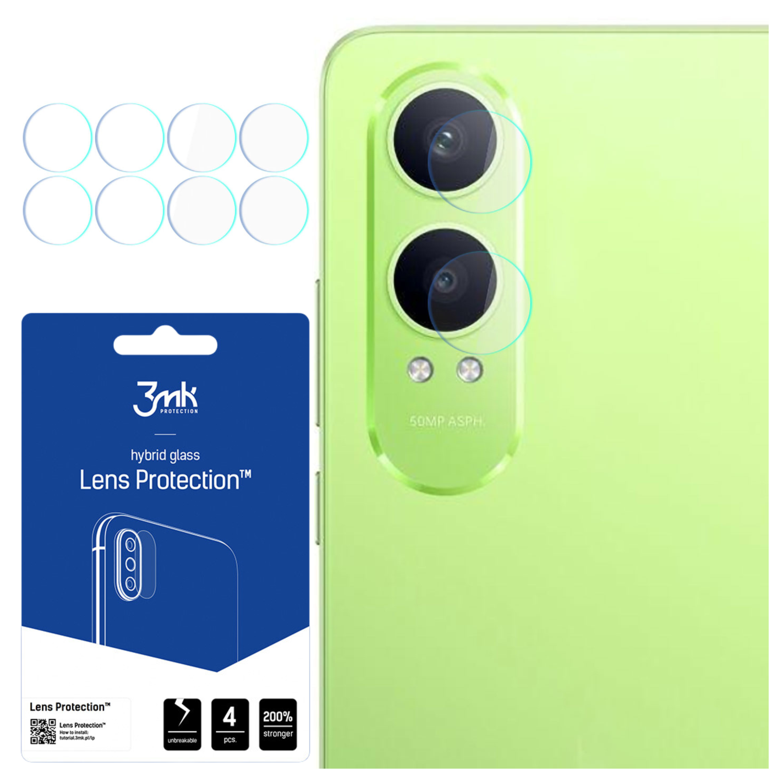 La imagen muestra un teléfono con protectores de lente, un paquete azul y protectores adicionales. El teléfono es verde claro.